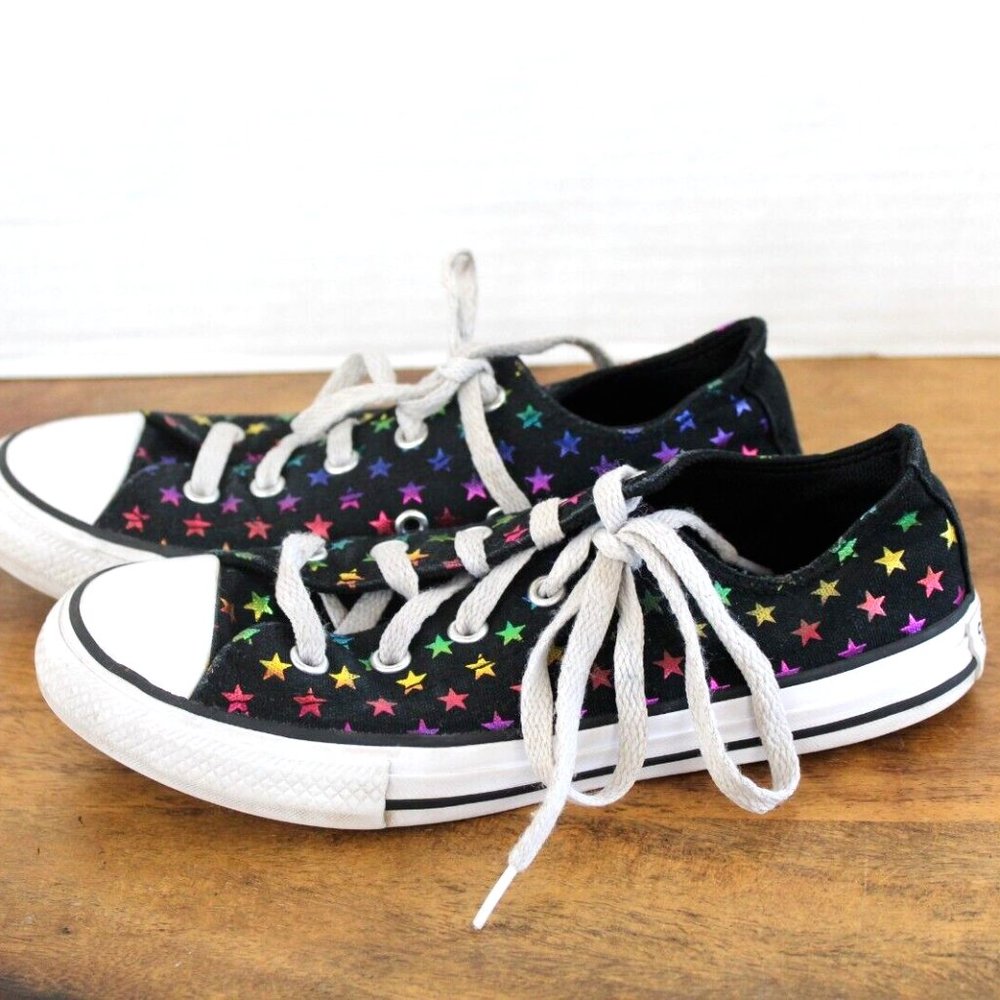 Converse All Star Size 2 Black White Colorful Stars Low Top Casual Sneakers EUC